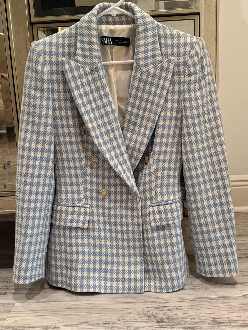 ZARA Light Blue & White Houndstooth Double-Breasted Blazer